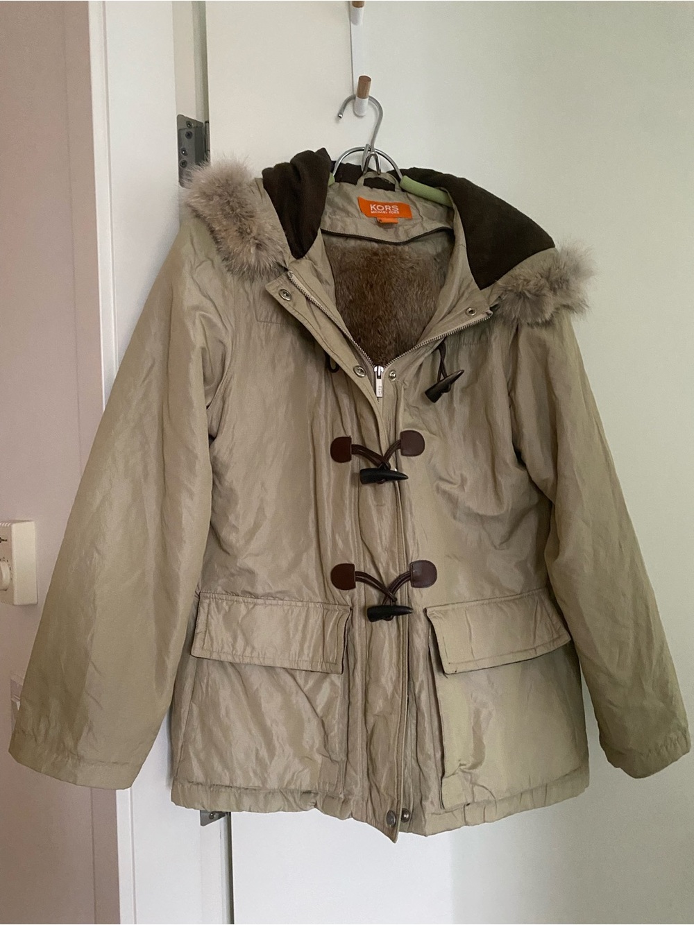 Michael Kors Taupe Hooded Puffer Parka with Fur Trim and Removable Inner Lining